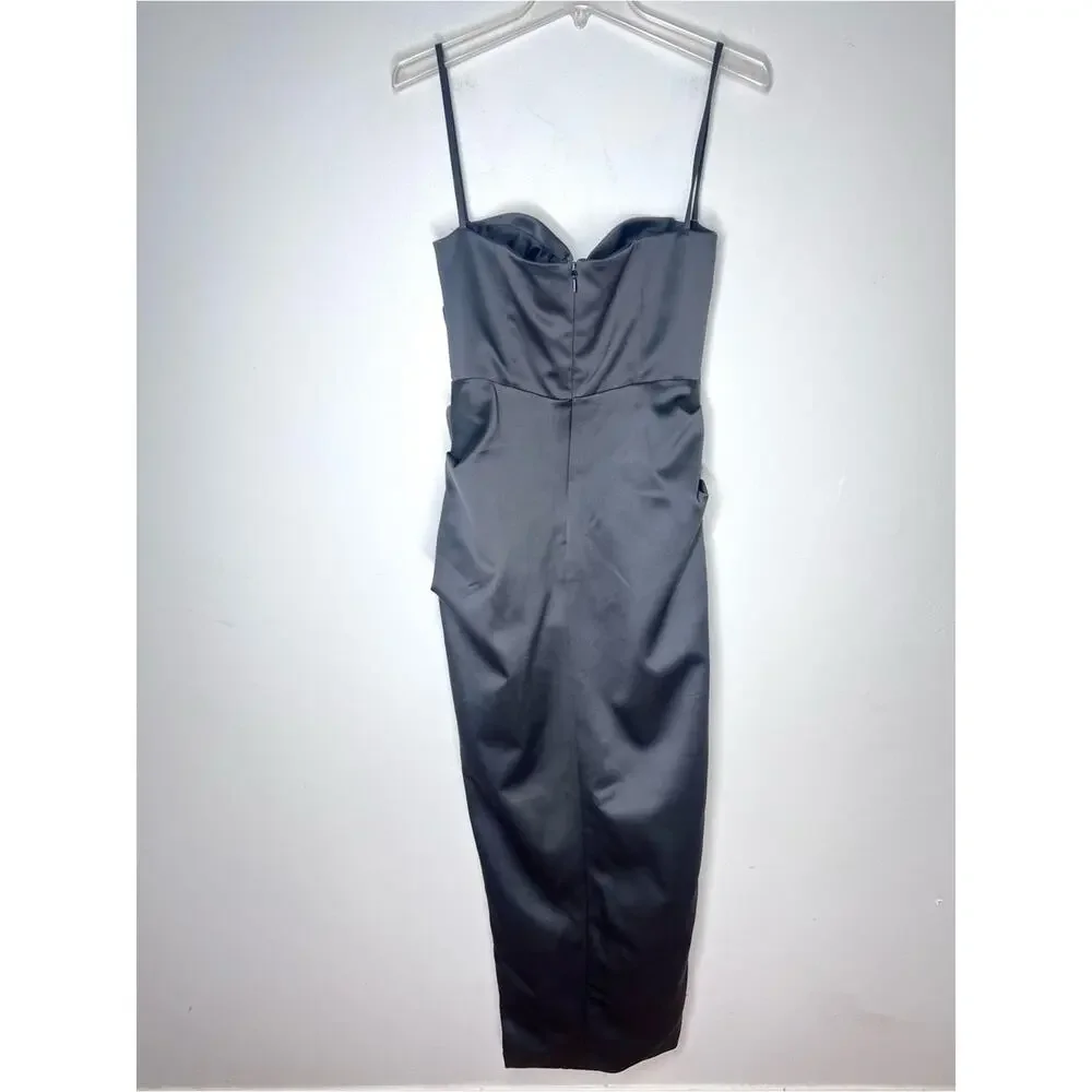 House of CB Flora Black Satin Pleated Corset Midi Dress Sz M